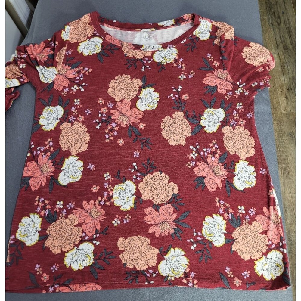 LOFT Outlet Women's Floral Top Shirt Knotted Sleeves Stretchy SZ LG - Picture 3 of 8